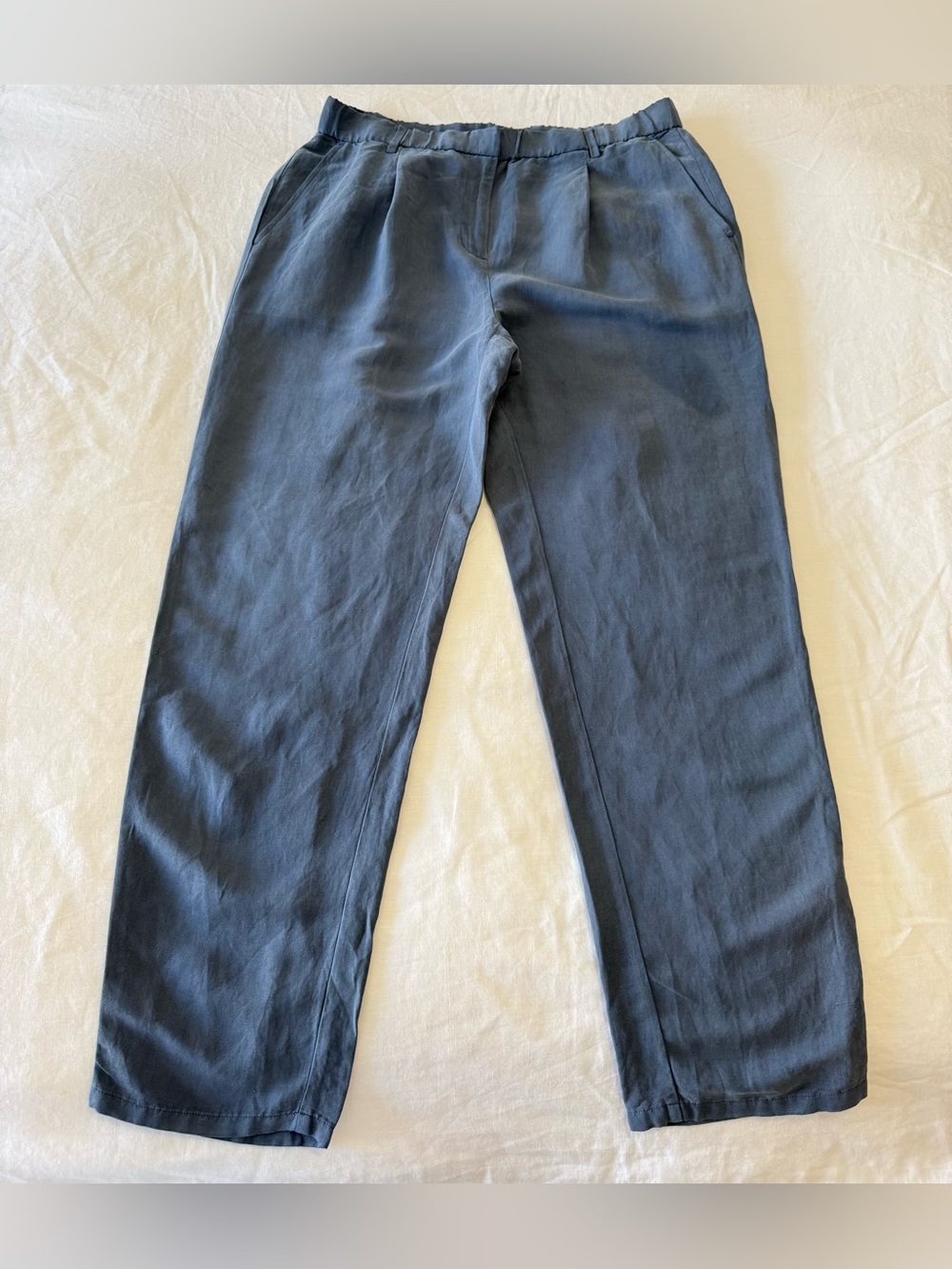 EILEEN FISHER | SZ Small | Blue Washable Silk Linen Elastic Waist Ankle Pants